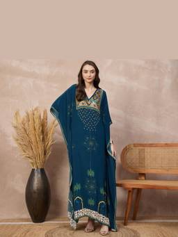 First Resort by Ramola Bachchan - Blue Royal Palm Full Length Kaftan Dress