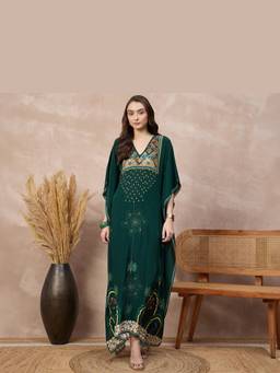 First Resort by Ramola Bachchan - Green Royal Palm Full Length Kaftan Dress