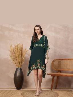 First Resort by Ramola Bachchan - Green Palm Forest Printed Kaftan Tunic