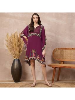 First Resort by Ramola Bachchan - Magenta Palm Forest Printed Kaftan Tunic