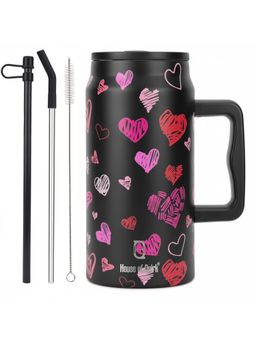 House of Quirk - Black 1500Ml Stainless Steel Mug Tumbler With Handle & Straw Lid