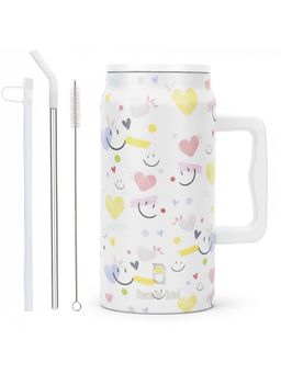 House of Quirk - White Heart 1500Ml Stainless Steel Mug Tumbler With Handle & Straw Lid