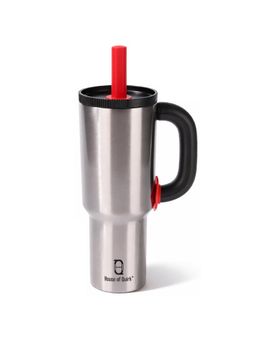 House of Quirk - 1200Ml Insulated Tumbler With Handle Straw & Straw Cap Hot & Cold Water Bottle Silver
