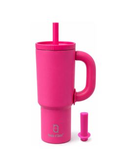 House of Quirk - 1200Ml Insulated Tumbler With Handle Straw & Straw Cap Hot & Cold Water Bottle - Pink