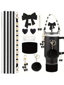 House of Quirk - 14Pcs Bow Set For 30Oz Straw Covers Boot Keychain Charms & Straws - Black (Set of 10)