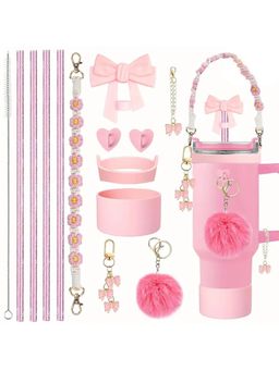 House of Quirk - 14Pcs Bow Set Straw Covers Keychain Charms & Straws Tumbler Not Included Pink