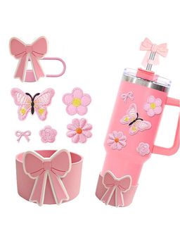 House of Quirk - 7 Pcs Cup Accessories Silicone Boot Butterfly Sticker Straw Cover Pink
