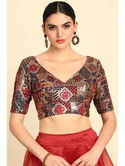 Soch - Women's Teal Georgette Embroidered Blouse with Sequins Work