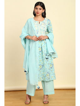Soch - Turquoise Blue Cotton Floral Print Thread Work Kurta & Palazzo with Dupatta (Set of 3)