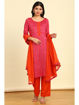 Soch - Women's Fuchsia Cotton Bandhani Print Unstitched Dress Material (Set of 3)