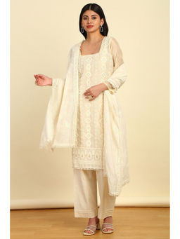 Soch - Women's Cream Chanderi Embroidered Unstitched Dress Material with Sequins Work (Set of 3)