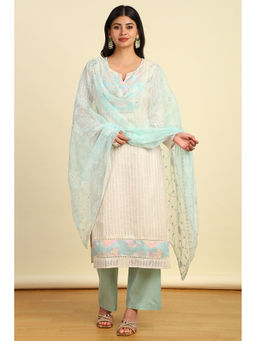 Soch - Women's Turquoise Blue Chanderi Unstitched Dress Material with Sequins Work (Set of 3)