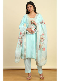 Soch - Turquoise Blue Chanderi Floral Unstitched Dress Material with Sequins Work (Set of 3)