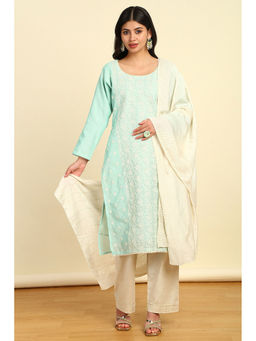 Soch - Turquoise Blue Chanderi Embroidered Unstitched Dress Material with Sequins Work (Set of 3)