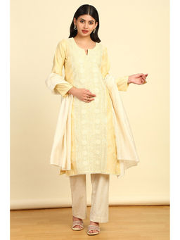 Soch - Light Yellow Chanderi Embroidered Unstitched Dress Material with Sequins Work (Set of 3)