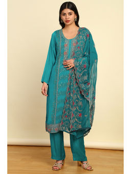 Soch - Women's Teal Crepe Unstitched Dress Material with Sequins Work (Set of 3)