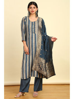 Soch - Women's Teal Modal Silk Floral Print Unstitched Dress Material (Set of 3)