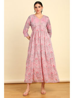 Soch - Women's Pink Cotton Botanical Print Dress