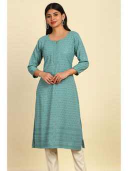 Soch - Women's Teal Green Rayon Embroidered Kurta with Sequins Work