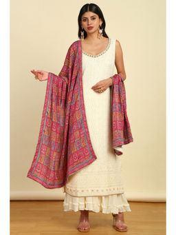 Soch - Off White Mirror Work Kurta, Unstitched Sleeves with Palazzo & Dupatta (Set of 4)