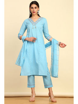 Soch - Women's Blue Cotton Embroidered Beaded Kurta & Pant with Dupatta (Set of 3)