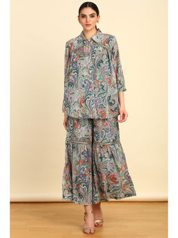 Soch - Women's Teal Georgette Blend Ethnic Motifs Co-Ord (Set of 2)