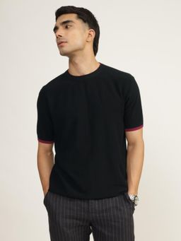 Andamen - Casual Men Black Crew Flat Knit Neck Regular Fit T-Shirt