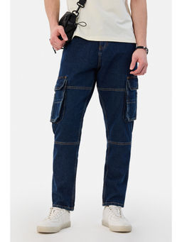 Snitch - Dark Blue Solid Relaxed Casual Cargo Jeans For Men