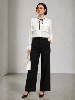 Virgio - Women Polyester Ruffle Neck Solid Cream Shirt