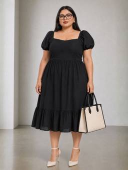 Virgio - Women Black Cotton Solid Flared Dress