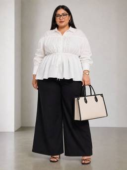 Virgio - Solid Cotton Gathered Tie Up Plus Size Shirt