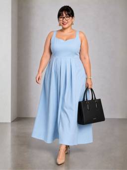 Virgio - Solid Viscose Pleated Plus Size Blue Dress