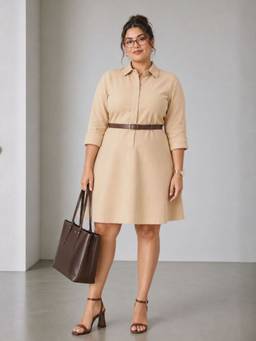 Virgio - Solid Cotton Fit and Flare Dress For Women - Beige