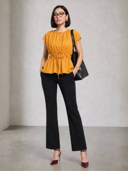 Virgio - Mustard yellow Solid Cotton Waist Elasticated Top
