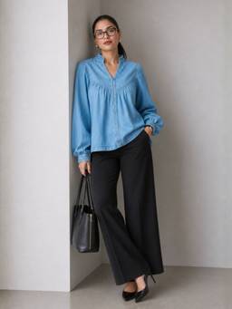 Virgio - Blue Cotton Gathered Yoke Boxy Denim Top