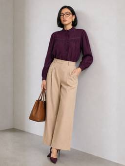 Virgio - Wine Solid Viscose Mandarin Collar Shirt for Women