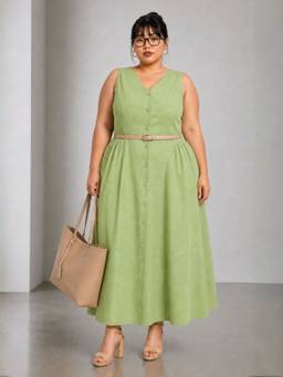 Virgio - Green Solid Cotton V-Neck Maxi Plus Size Dress for Women