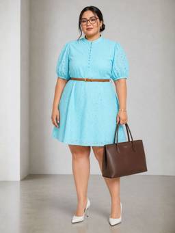Virgio - Blue Embroidery Cotton Fit & Flare Plus Size Dress for Women