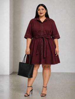 Virgio - Maroon Solid Cotton A-Line Belted Plus Size Dress for Women