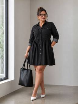 Virgio - Black Solid Cotton Flared Dress