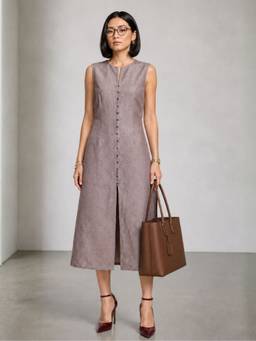 Virgio - Grey Solid Linen Button Front Detail Dress