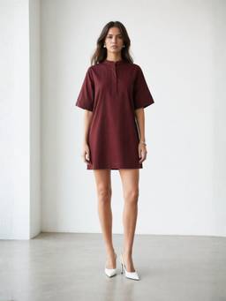 Virgio - Maroon Solid Cotton Boxy Fit Classic Shirt Dress