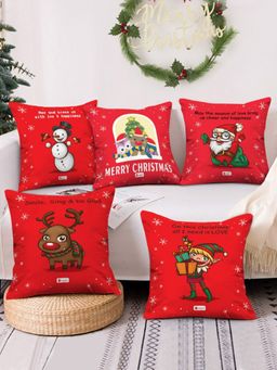 Indigifts - Christmas Cushion Covers Merry Christmas Characters Printed Red Pillow Covers Set of 5