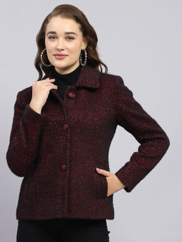 Monte Carlo - Womens Self Design Maroon Collar Neck Full Sleeve Winter Coat