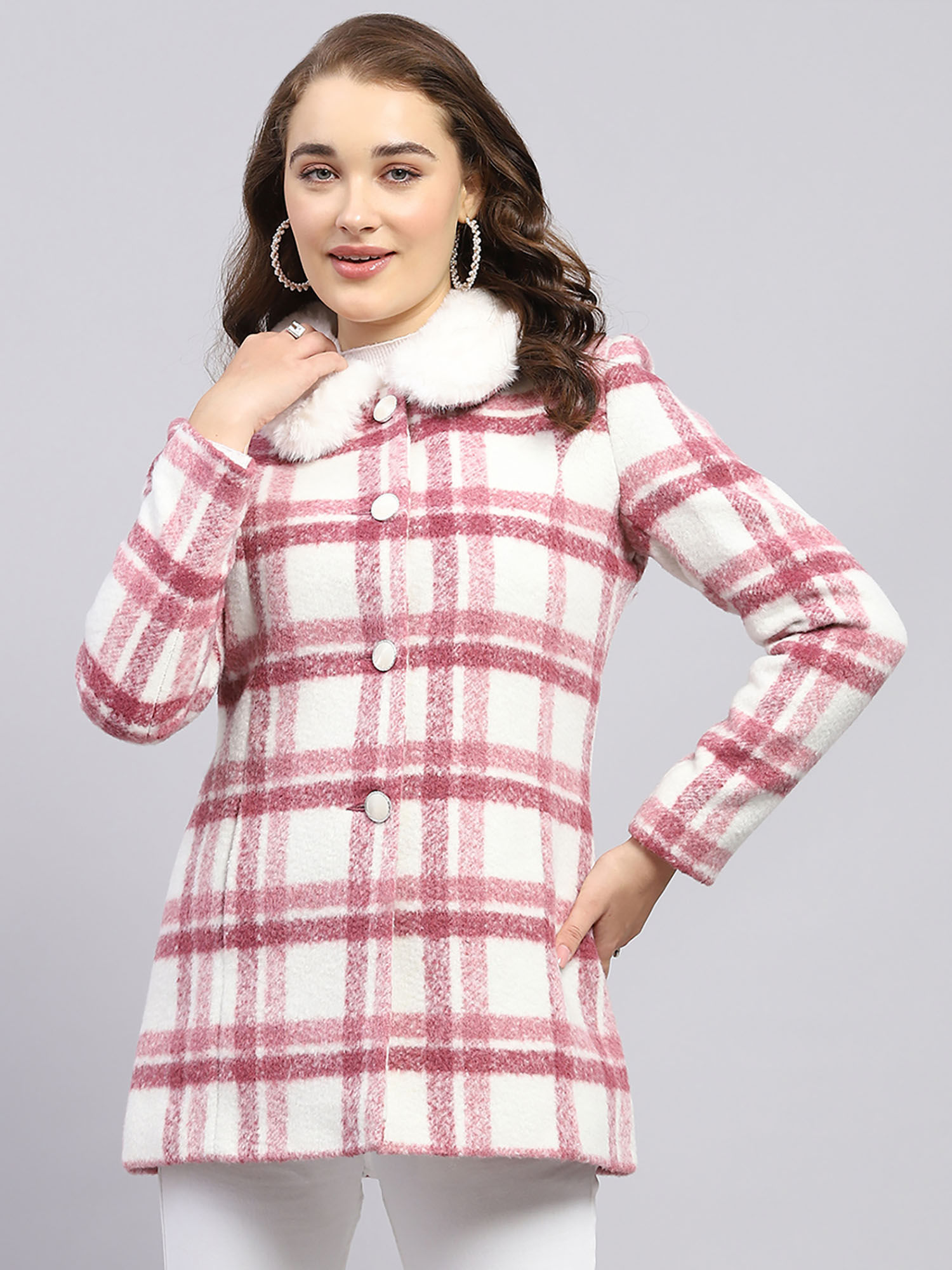 monte carlo Womens Check Pink Collar Neck Full Sleeve Winter Coat-picture-25