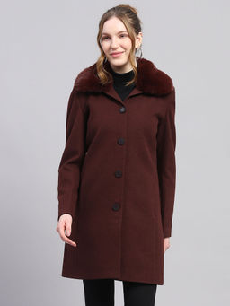 Monte Carlo - Womens Self Design Wine Notched Lapel Full Sleeve Winter Coat