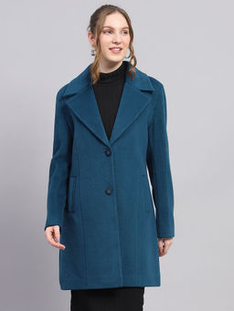 Monte Carlo - Womens Self Design Teal Notched Lapel Full Sleeve Winter Coat