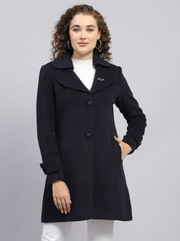 Monte Carlo - Womens Self Design Navy Blue Notched Lapel Full Sleeve Winter Coat
