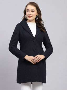 Monte Carlo - Womens Self Design Navy Blue Notched Lapel Full Sleeve Winter Coat