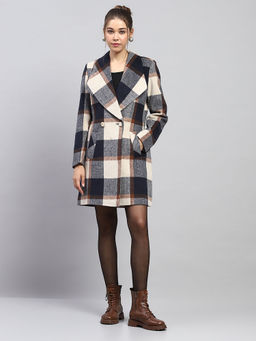 Monte Carlo - Womens Check Navy Blue Notch Lapel Full Sleeve Winter Coat